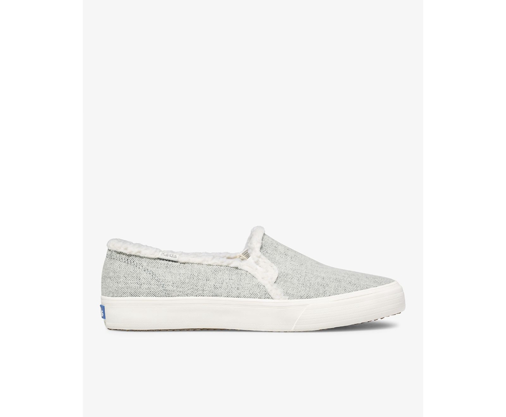 Keds Slip Ons Grey - Double Decker Brushed Denim Faux Shearling - Womens VQDXEH-074